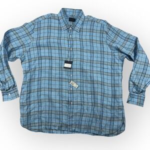 Calder Carmel 100% Linen Plaid Long Sleeve Sport Shirt XXL Blue NWT $238